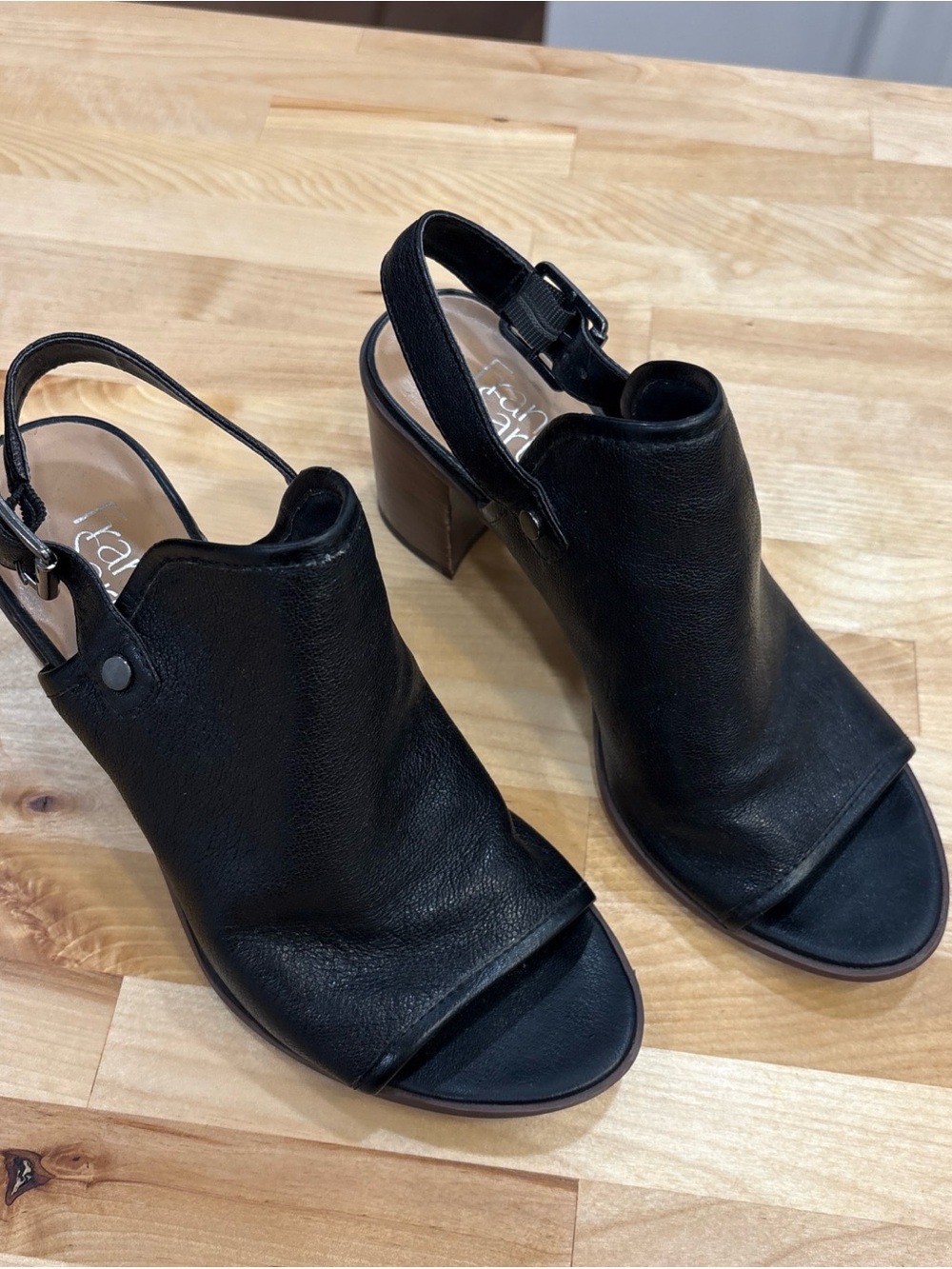 Franco Sarto Black Leather Open-Toe Slingback Wedges